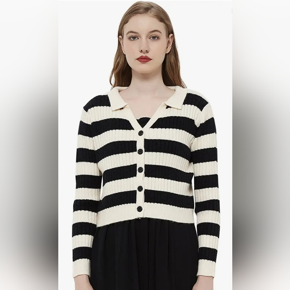 GLOWELFA Women's Apricot Black Striped Cardigan Sweater